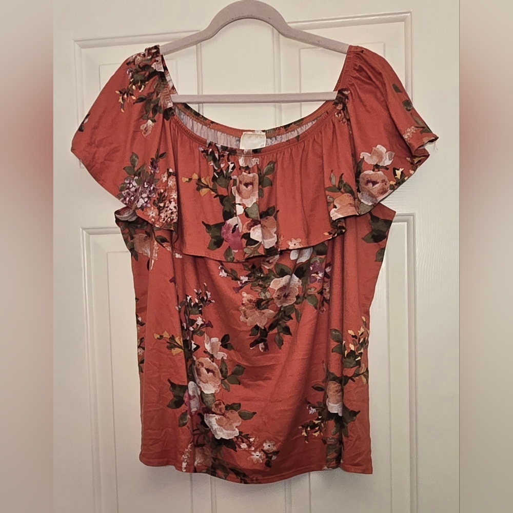 Orange and Pink Ruffled Flutter Sleeve Blouse